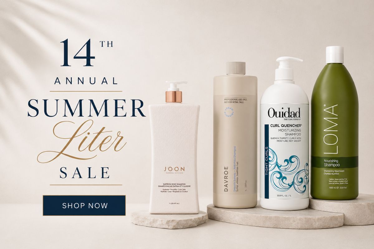 14th Annual Summer Liter Sale featuring professional one-liter haircare products from JOON, Davroe, Ouidad and LOMA, with a Shop Now button.