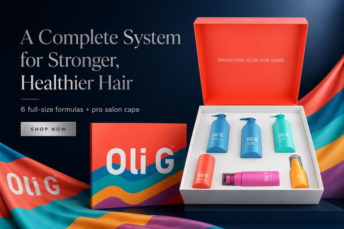 Oli G Stylist Start Up Kit featuring six full-size formulas and a professional salon cape, available from SalonRedi.